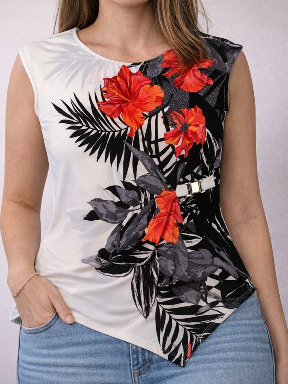 Frank Lyman Floral Asymmetrical Top Size 12 Tropical Print Blouse Canada - Picture 1 of 7